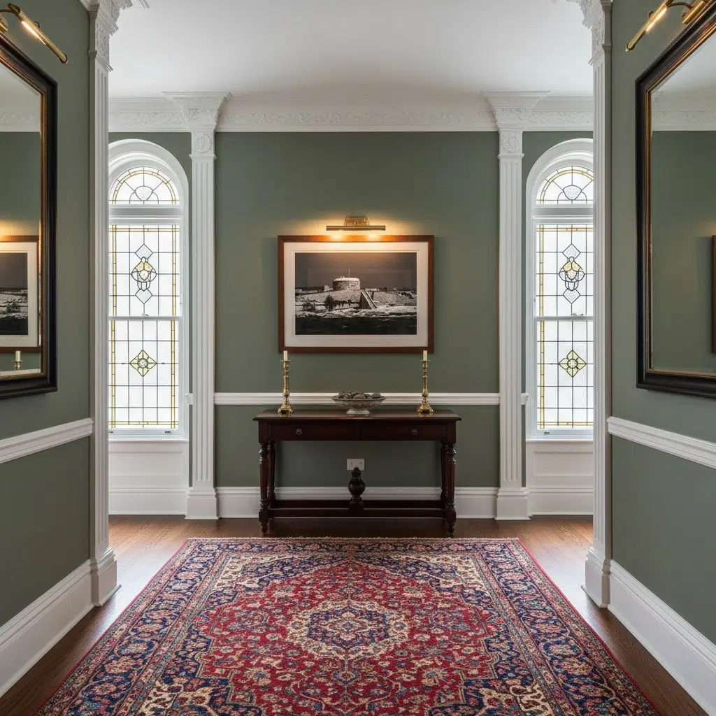 Elegant hallway with stained glass windows and rug