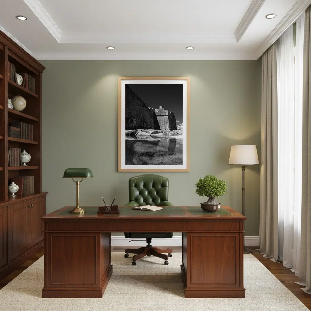 Elegant home office with wooden desk and bookshelf
