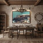 Rustic dining room with wooden table and coastal artwork