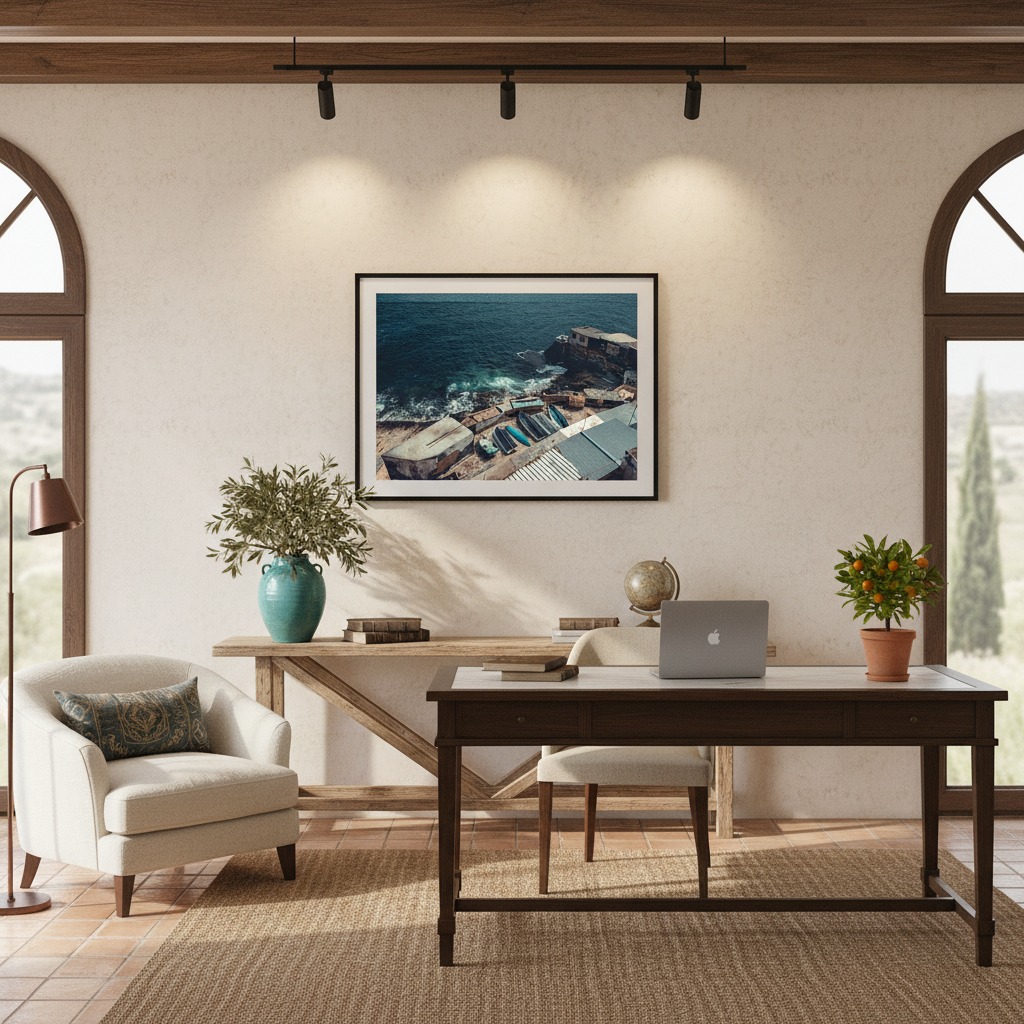 Elegant home office with wooden desk and coastal artwork