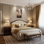 Elegant beige bedroom with chandelier and upholstered bed
