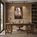 Rustic home office with wooden desk and chair