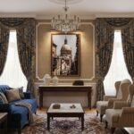 Elegant living room with chandelier and framed cityscape