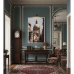 Elegant teal paneled room with classic furnishings