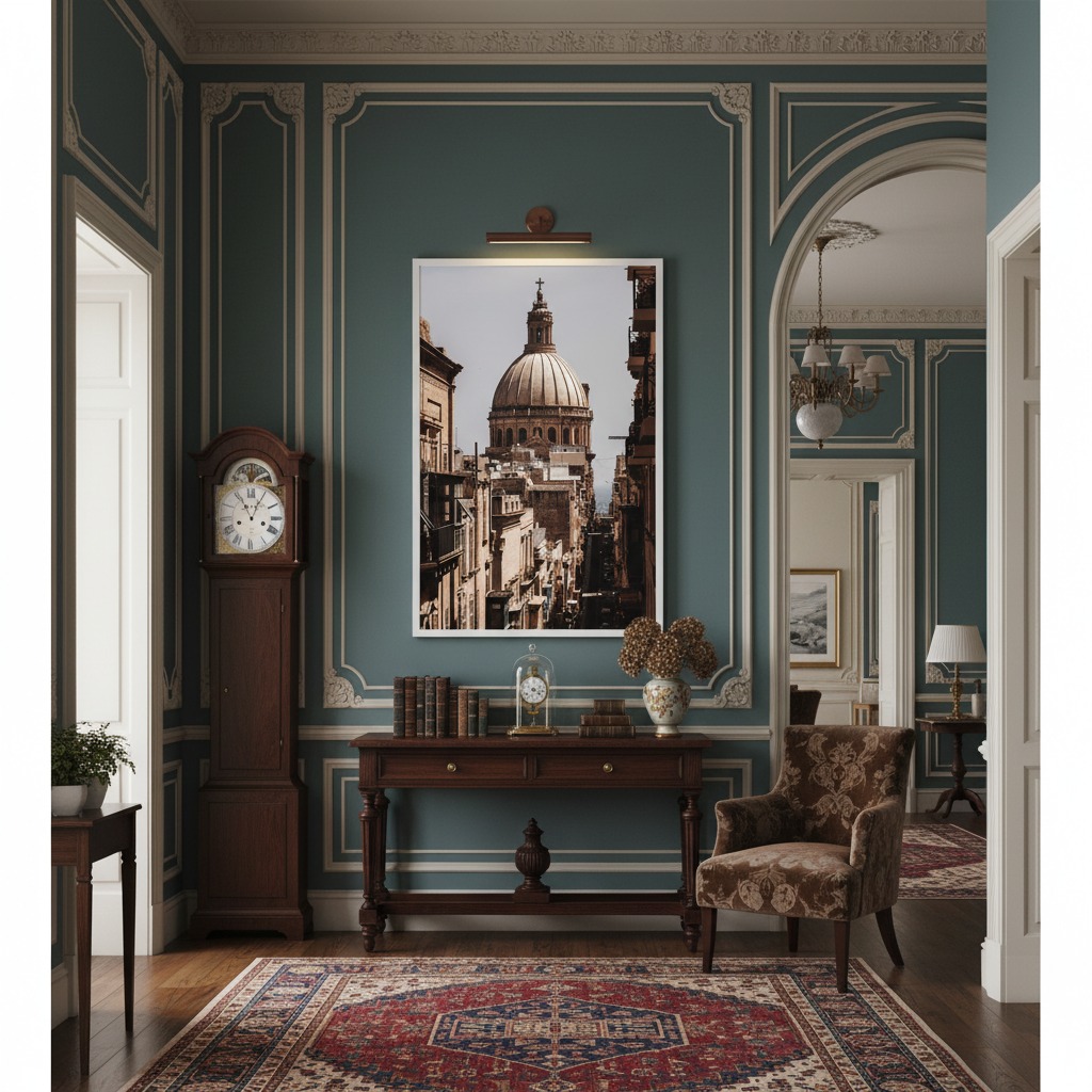 Elegant teal paneled room with classic furnishings