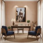 Elegant home office with framed cityscape and armchairs