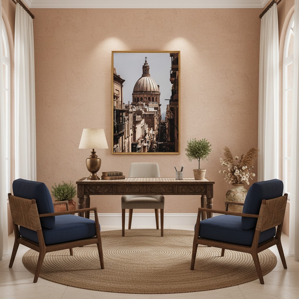 Elegant home office with framed cityscape and armchairs
