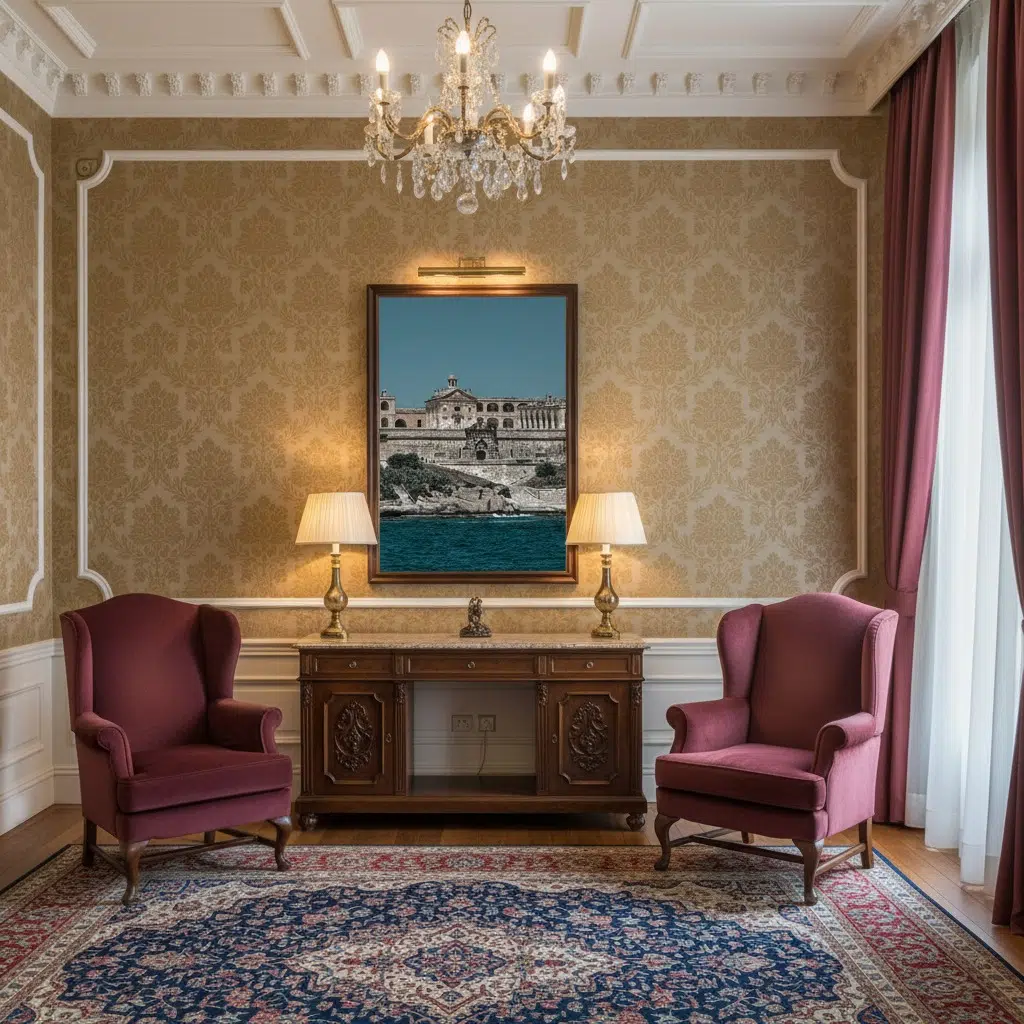 Elegant living room with burgundy armchairs and chandelier