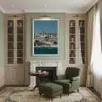 Elegant living room with fireplace and green armchair