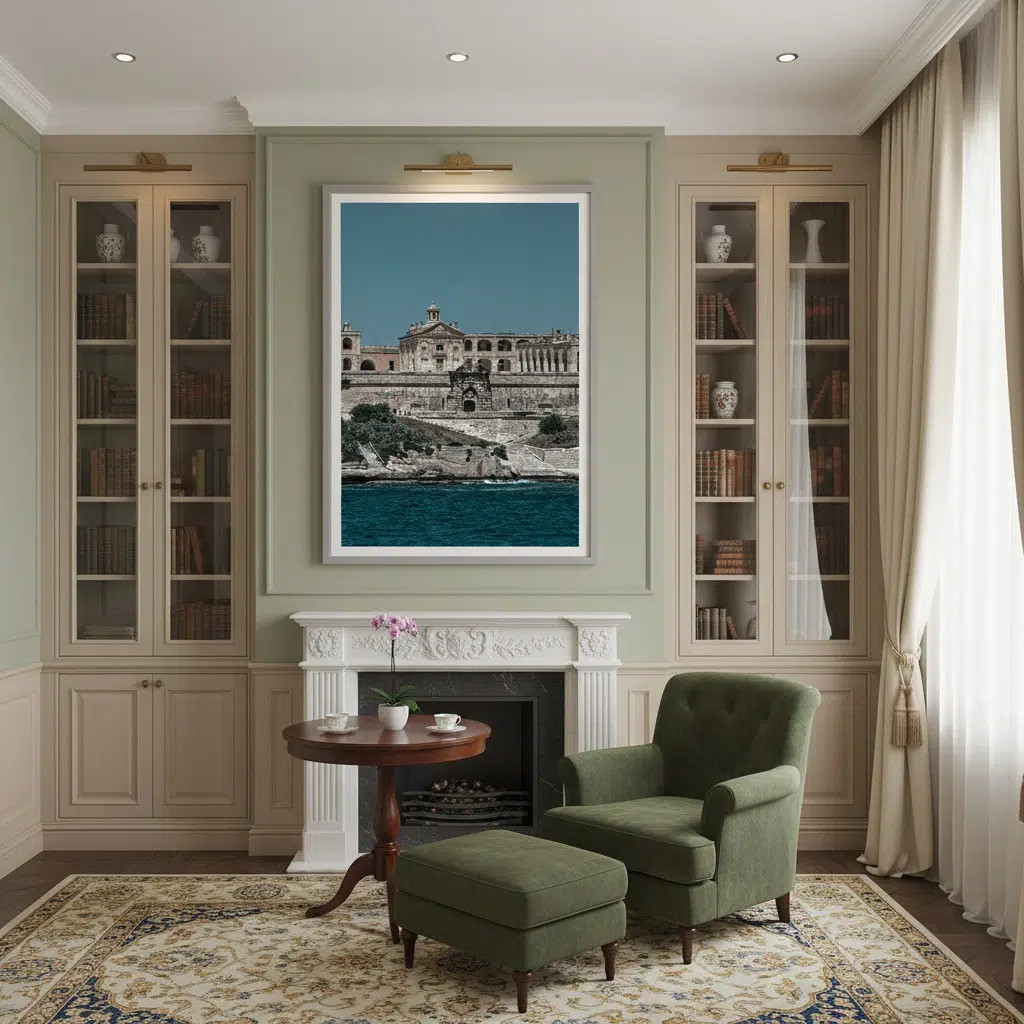 Elegant living room with fireplace and green armchair