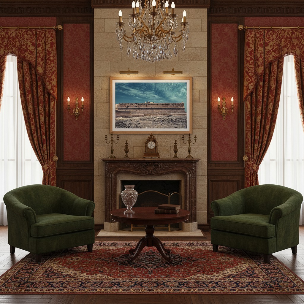 Elegant living room with fireplace and chandelier