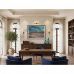 Elegant home office with wooden desk and blue chairs