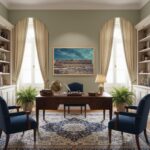 Elegant home office with desk and arched windows