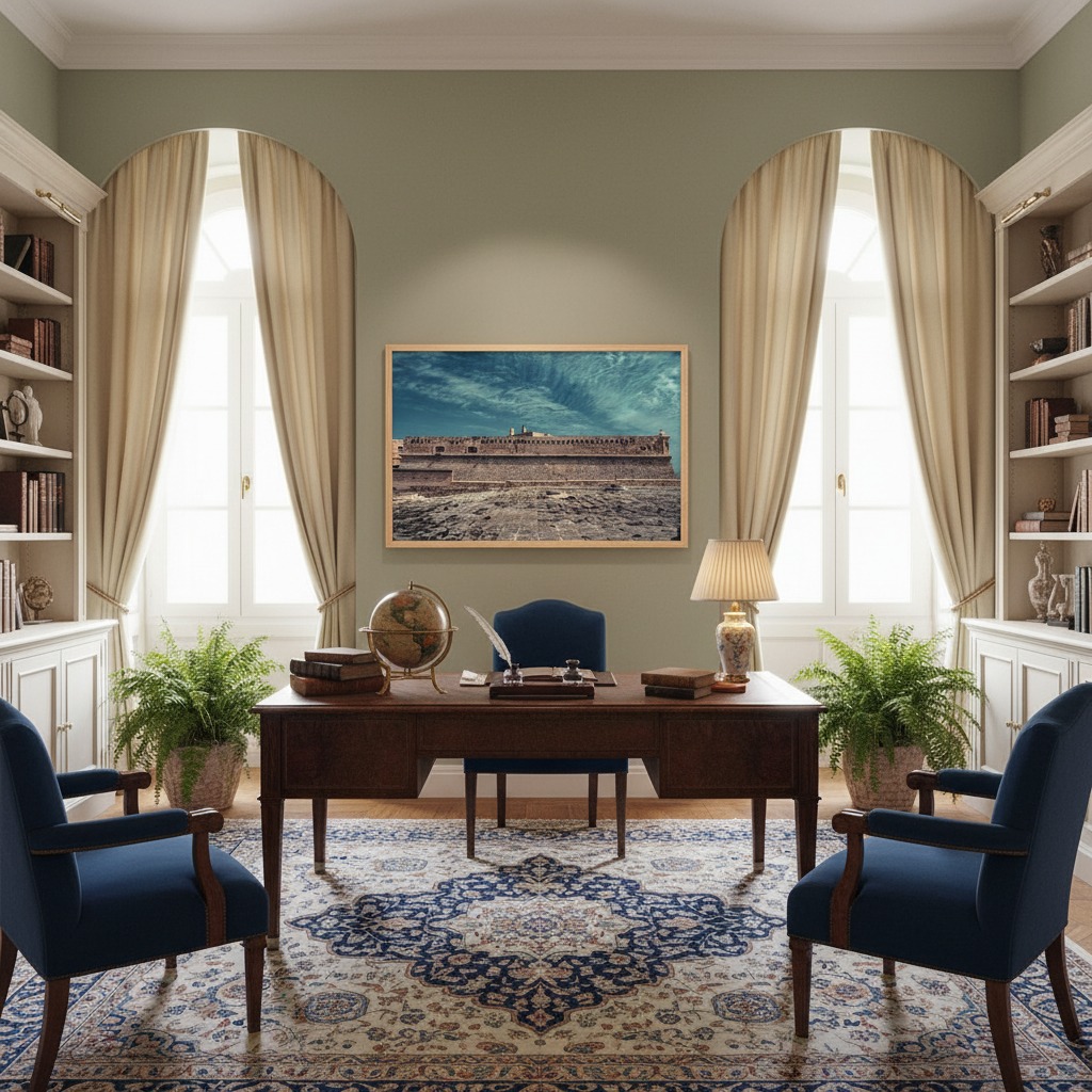 Elegant home office with desk and arched windows