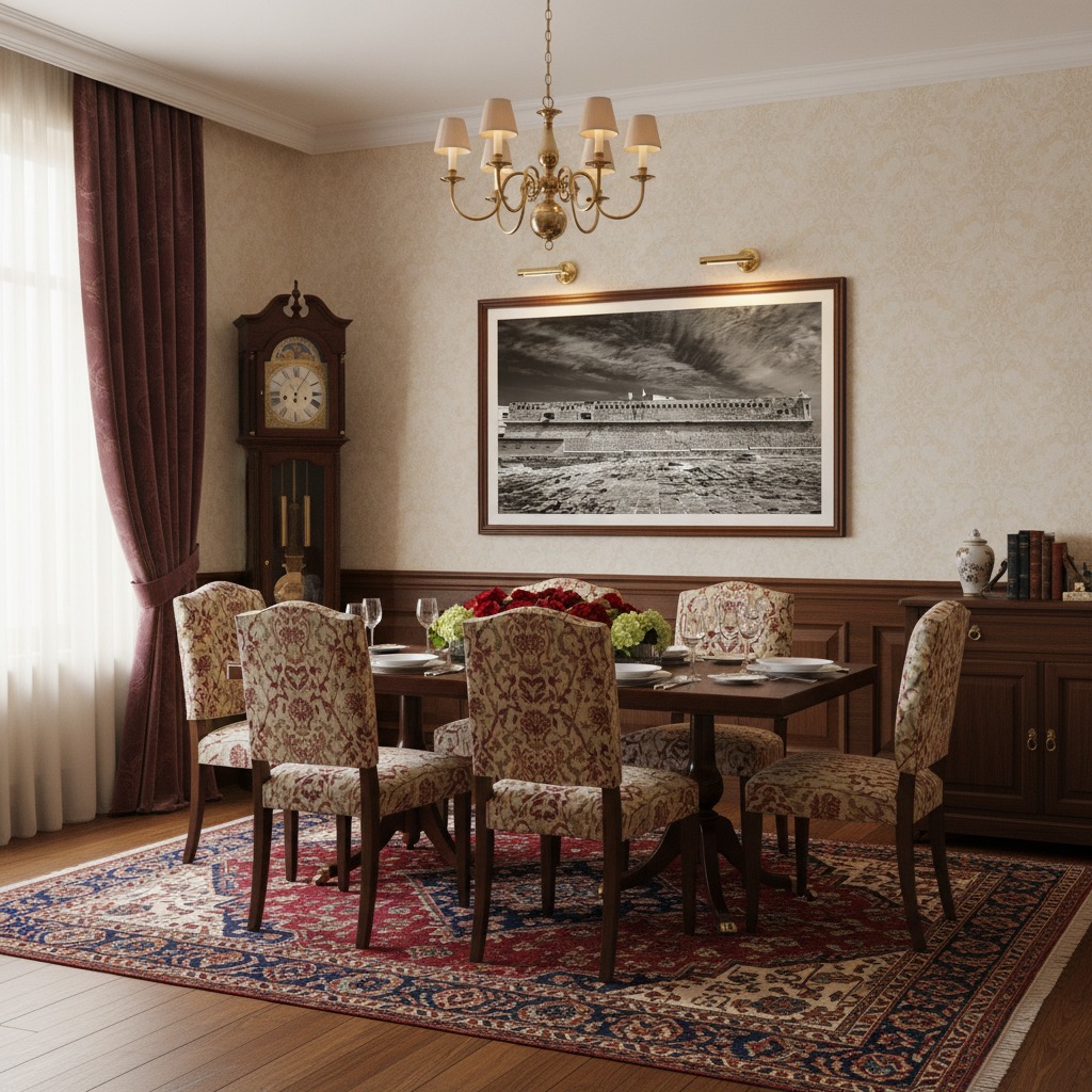Traditional dining room with chandelier and grandfather clock