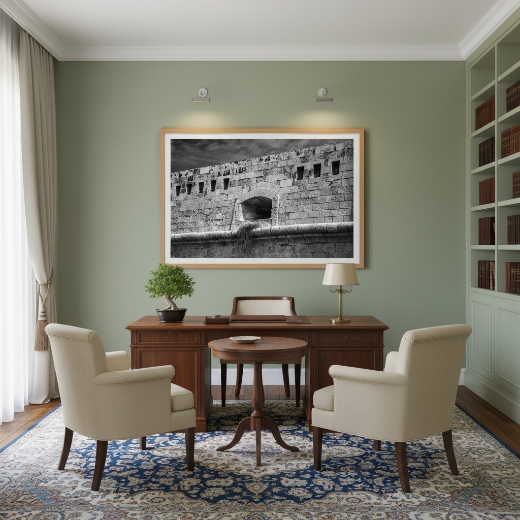 Classic home office with green walls and wooden desk
