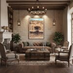 Rustic living room with stone wall and leather sofa