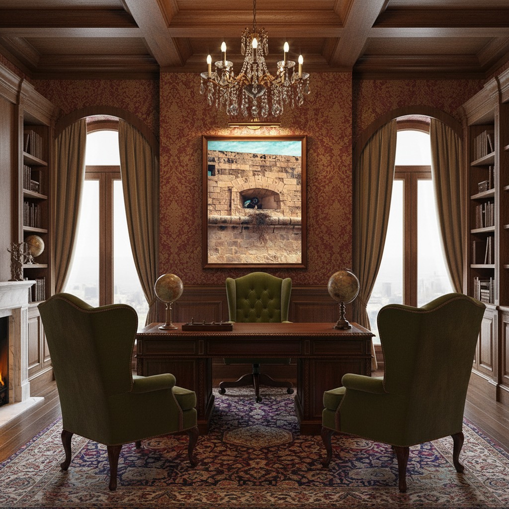 Elegant traditional office with chandelier and green chairs