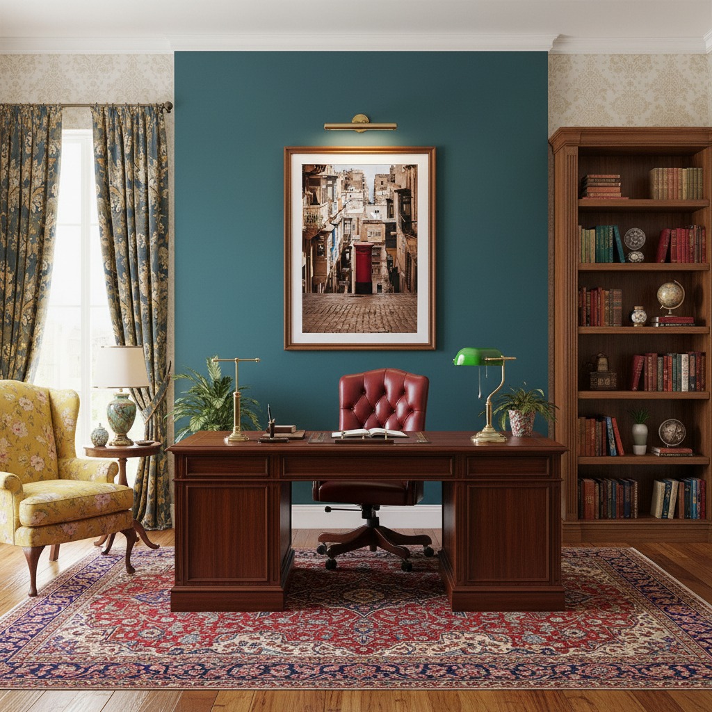 Traditional home office with wooden desk and bookshelf