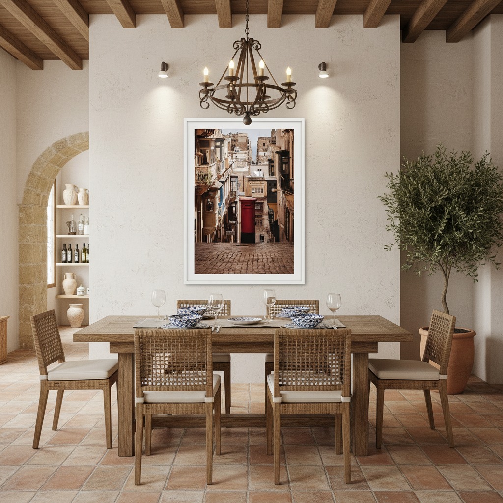 Rustic Mediterranean dining room with wooden table and chandelier