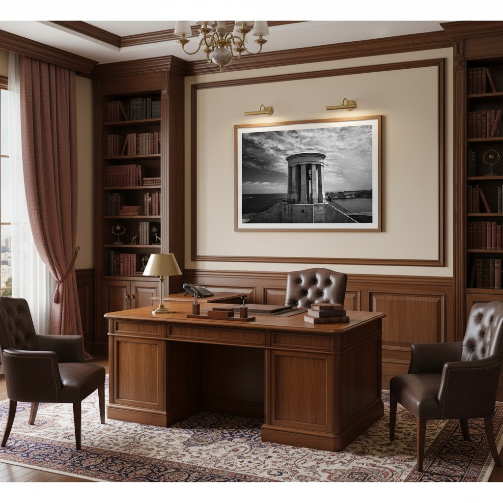 Classic executive office with wooden desk and bookshelves
