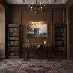 Elegant wood-paneled library with desk and chandelier