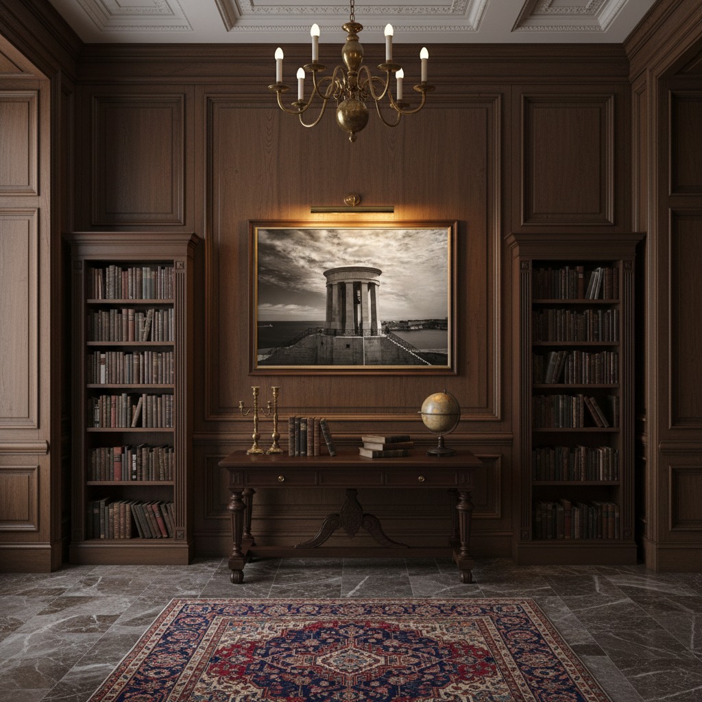 Elegant wood-paneled library with desk and chandelier