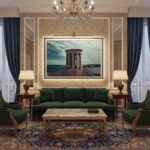 Elegant living room with green sofa and chandelier