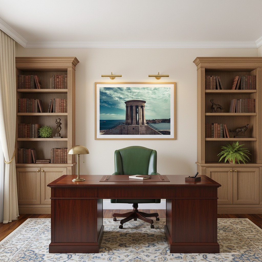Elegant home office with wooden desk and bookshelves