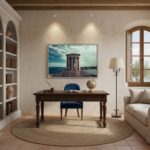 Cozy home office with wooden desk and bookshelf