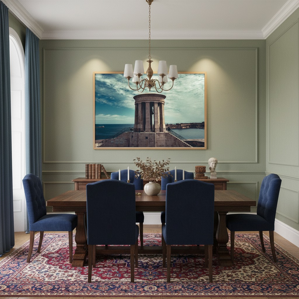 Elegant dining room with blue chairs and chandelier