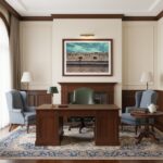 Traditional office with wooden desk and fireplace
