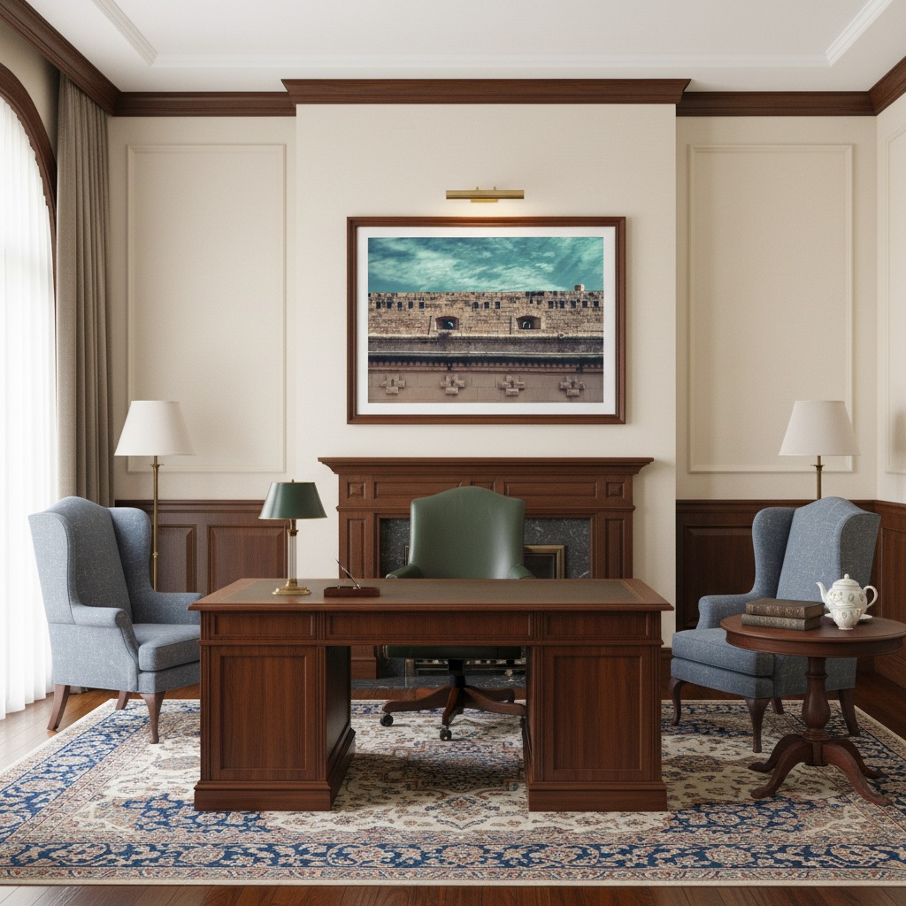Traditional office with wooden desk and fireplace