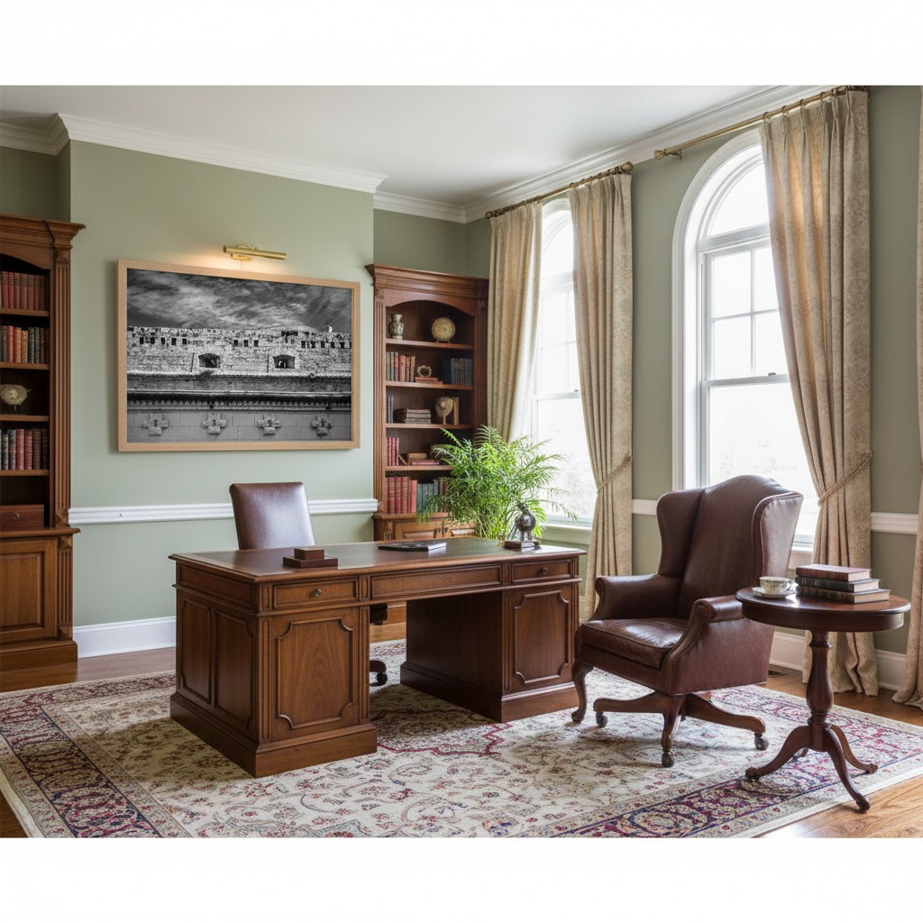 Traditional home office with wooden desk and leather chair
