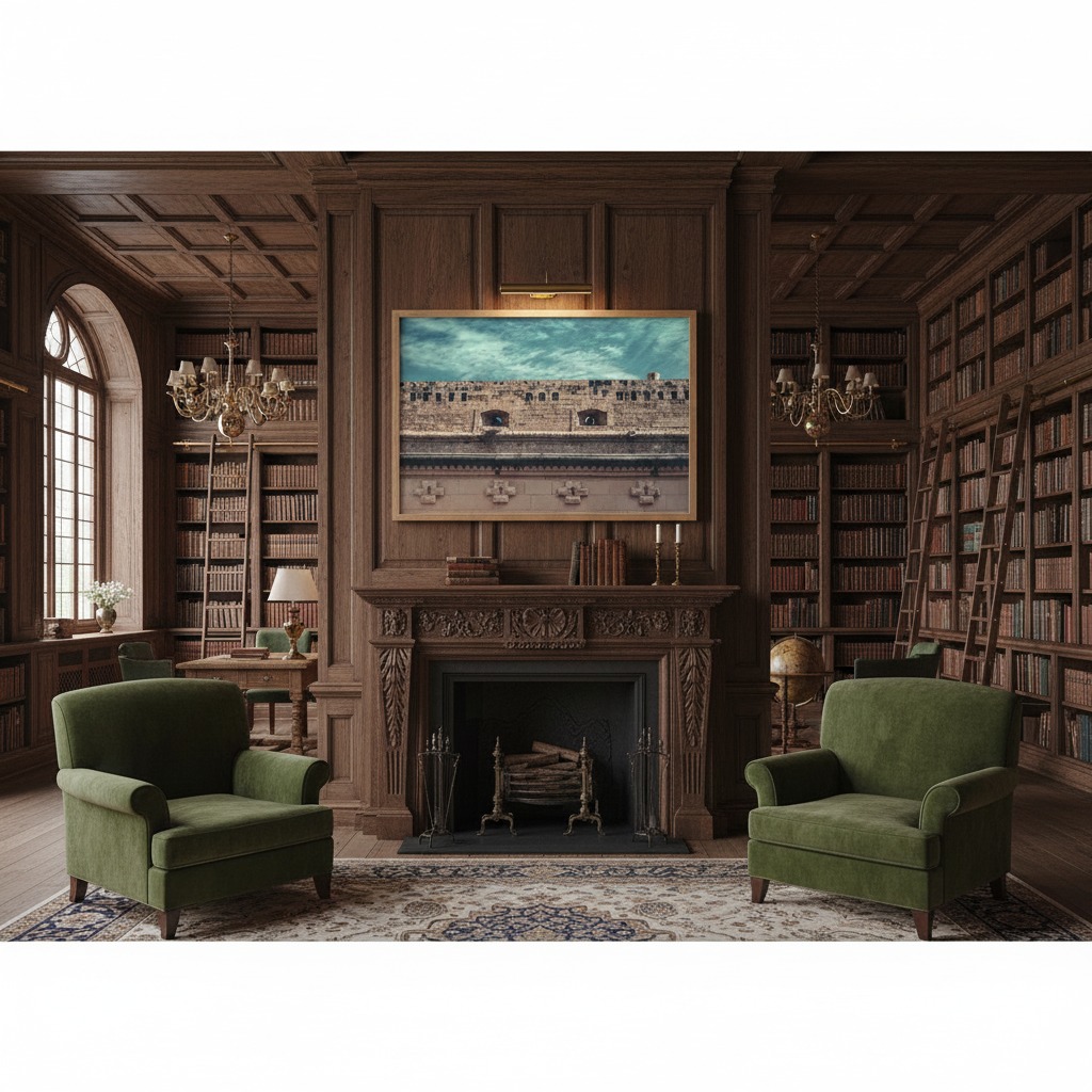 Elegant wood-paneled library with fireplace and green armchairs