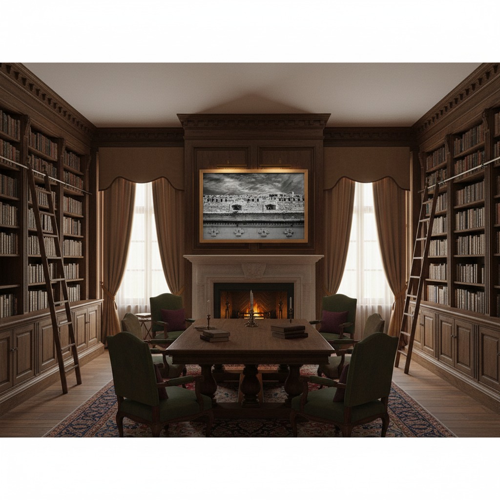 Elegant wood-paneled library with fireplace and bookshelves