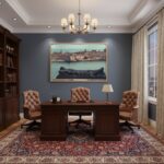 Elegant office with wooden desk and leather chairs