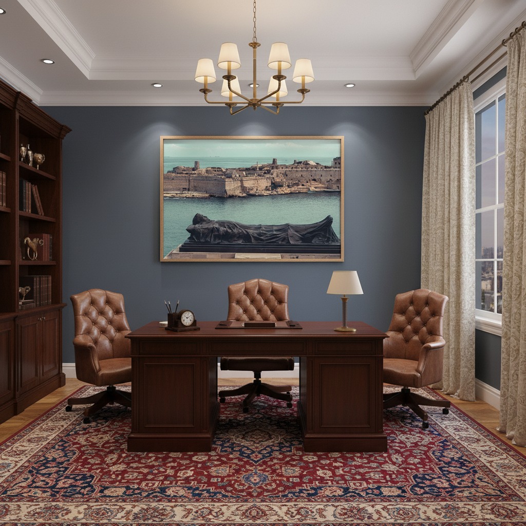 Elegant office with wooden desk and leather chairs