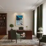 Elegant home office with wooden desk and green chairs