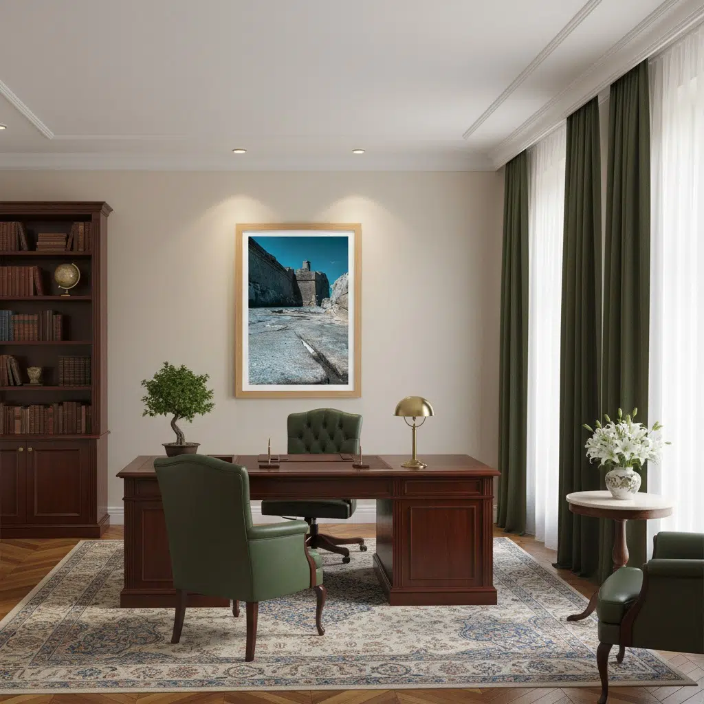 Elegant home office with wooden desk and green chairs