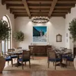 Mediterranean dining room with wooden beams and ocean view