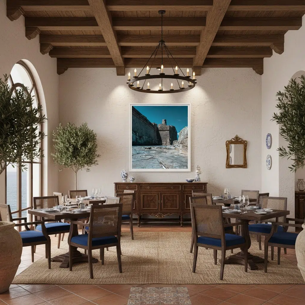 Mediterranean dining room with wooden beams and ocean view
