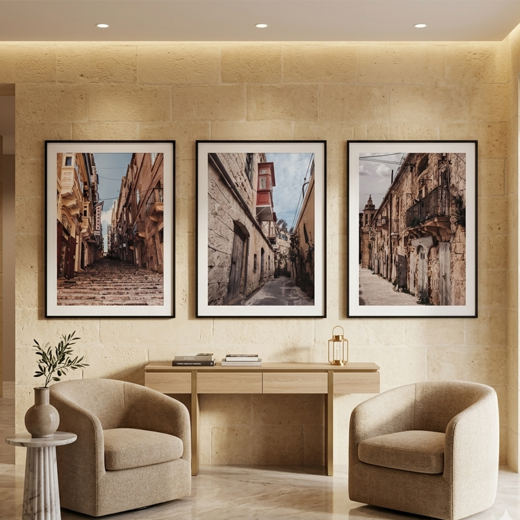 Modern living room with framed street photography
