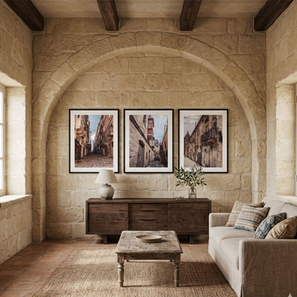 Rustic living room with stone arch and framed art