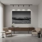 Minimalist living room with large black-and-white wall art