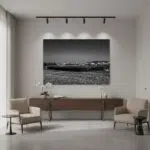 Minimalist living room with large black-and-white wall art