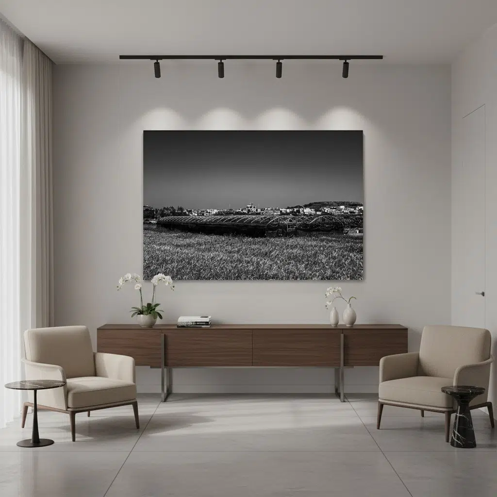 Minimalist living room with large black-and-white wall art