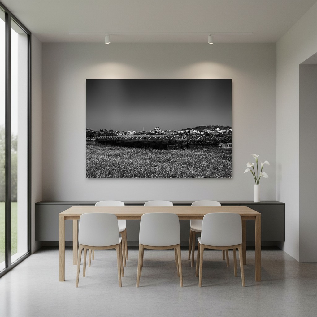 Minimalist dining room with large black-and-white wall art