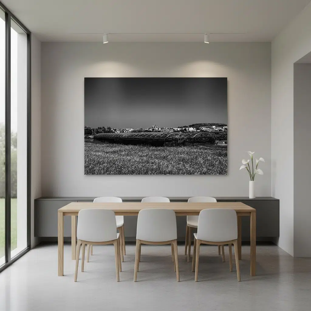 Minimalist dining room with large black-and-white wall art