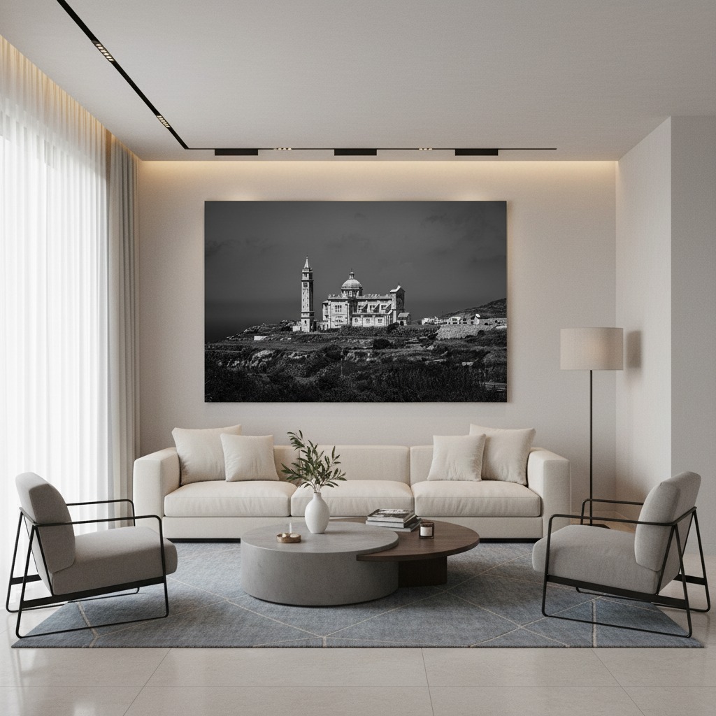 Modern minimalist living room with large black-and-white artwork